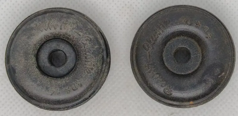 1-1/2" Lot Of Two Original Toy Airplane Wheels.  Marked Record Elastik 40 X 14. German 1