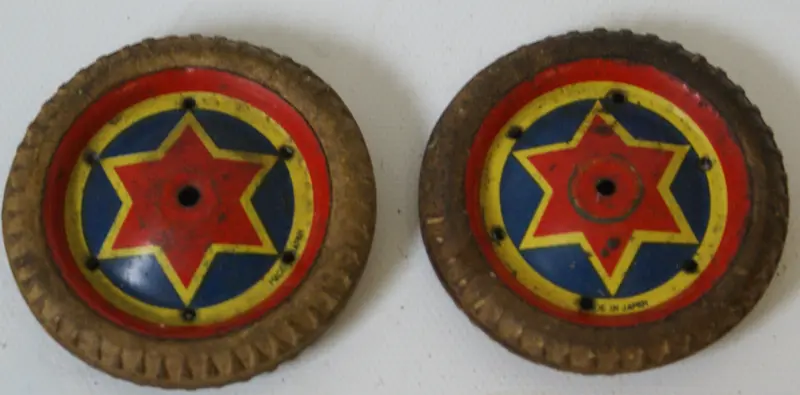 1-1/2" Tin Litho Wheels With Tire. Made In Japan, Original Condition 1