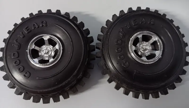 1-1/2" Vintage Toy Racer Wheels.  Two Wheels Are Embossed Goodyear. 1