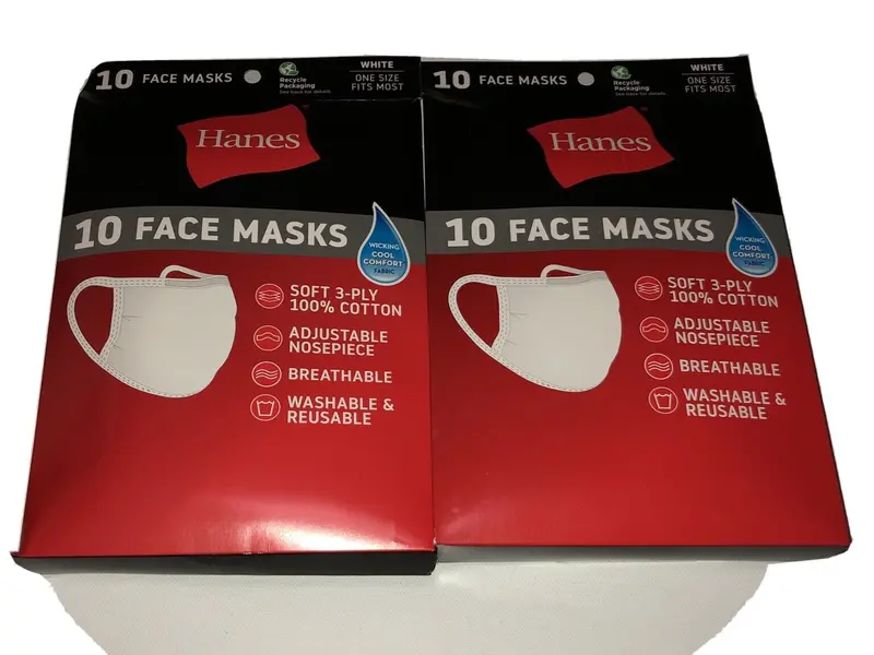(2) 10 Packs (20 Masks) Hanes White 100% Cotton Face Mask Washable Reusable 1