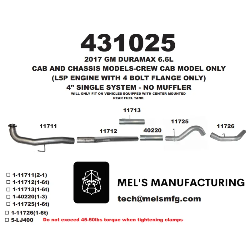 2017-2019 Duramax L5p Cab & Chassis Downpipe Back Exhaust No Muffler (431025) 2