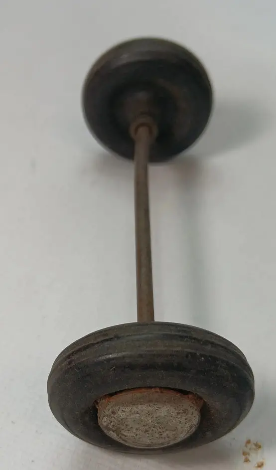 3-1/2" Toy Car Axle With Wheels And Hubs Original Condition. Axle Bent 1