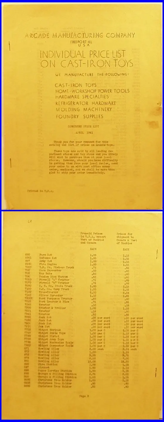 Arcade Toy 1941 Price List 4 Pages 1