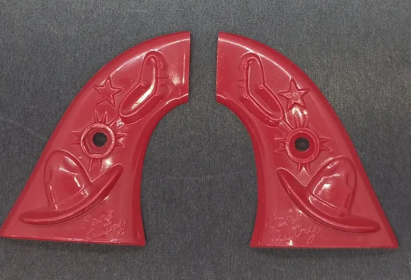 Hubley Cowboy Gene Autry Six Shooter Cap Gun Grips Red With Hat/Spur Detail 1