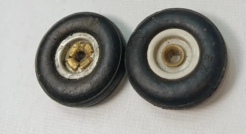 Lot Of 2 Toy Airplane Wheels. 1-3/8" Rubber With Metal Hub. 1