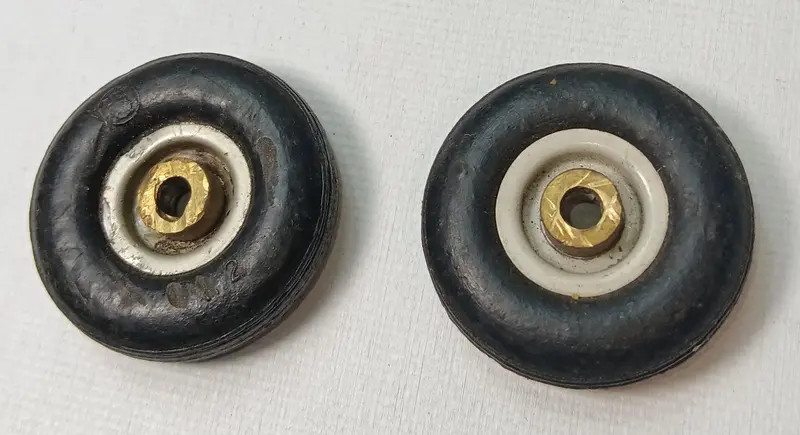 Lot Of 2 Toy Airplane Wheels. 1-3/8" Rubber With Metal Hub. 2