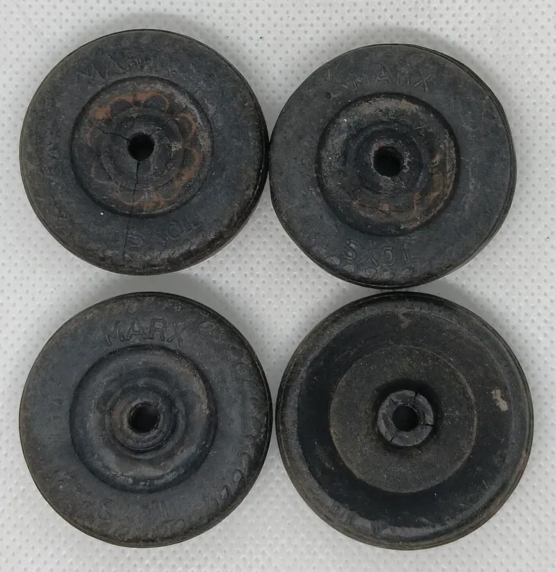 Set Of 4 Original Marx Wheels.  Embossed Marx Toys 1-5/8" X 5/16" 1