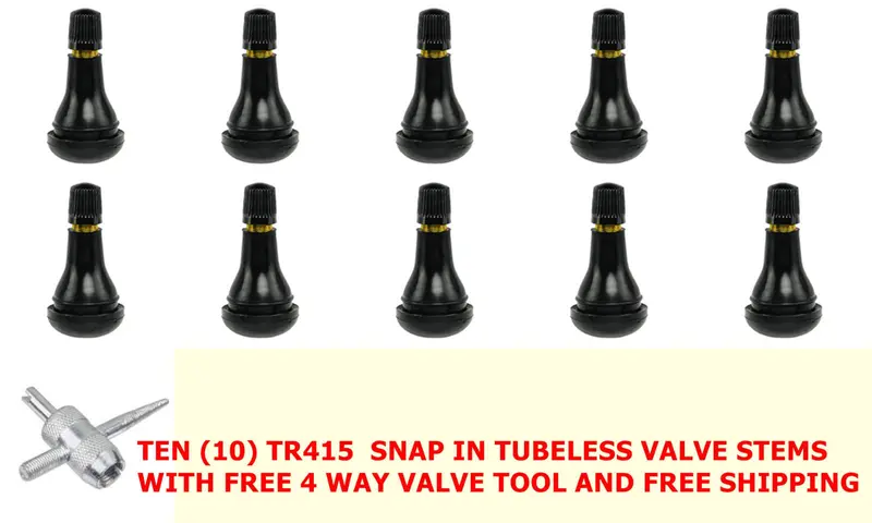 Tire Valve Tr415 - 1.25" Length Snap-In Tubeless Rubber Valve Stem (10 Pack) & 1 Tool 1