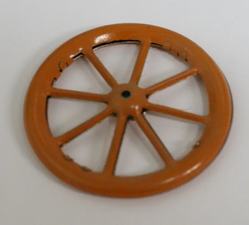 Vintage Toy Tin Spoked Wheel 1-7/8 Diameter Double Sided. Orange. 1