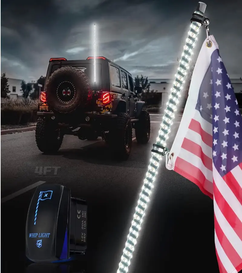 Xprite 1Pc 4Ft White Spiral Led Whip Lights With Built-In Spring Base, Safety Lighted Antenna Whip Pole W/Rocker Switch American Flag, Compatible With Sxs Atv Utv Polaris Rzr Can-Am Trucks Jeep 1