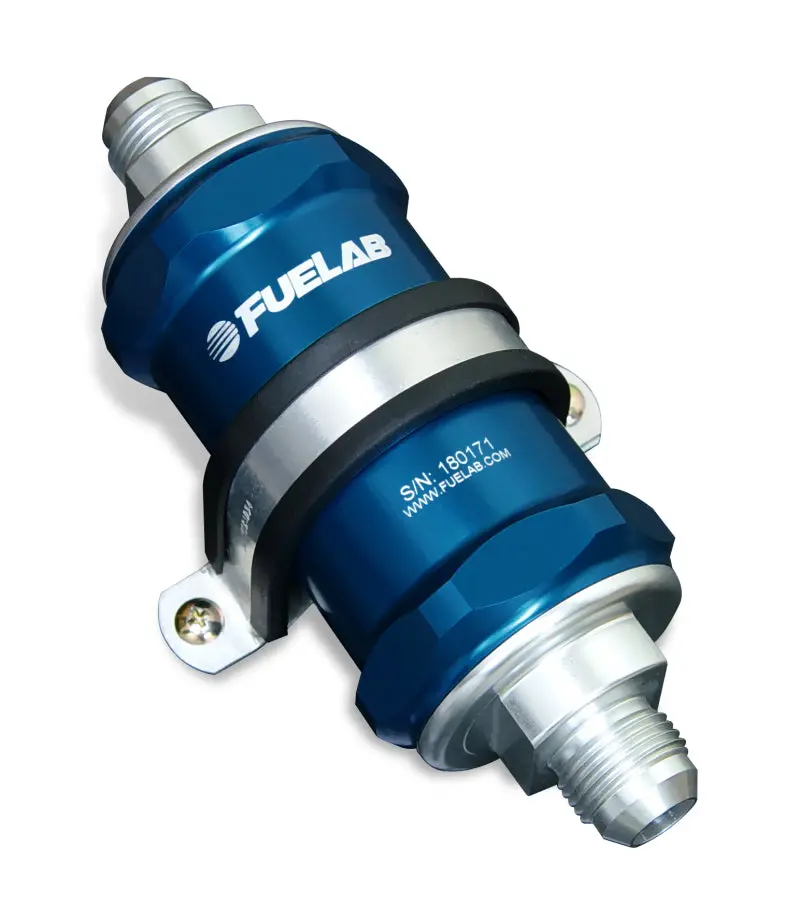 Fuelab 818 Inline Fuel Filter – -10An Inlet/Outlet, 10-Micron Filtration, Blue Housing 1