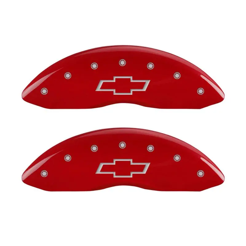 Mgp Engraved 4-Piston Caliper Covers – Front & Rear, Bowtie Logo, Red Accent With Silver Chrome Finish 1