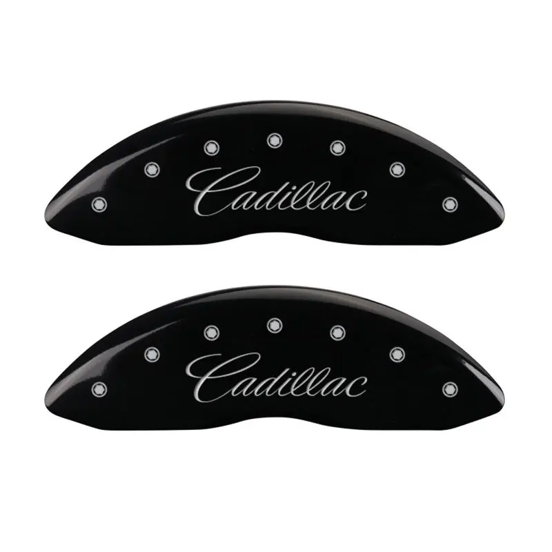 Mgp Engraved Caliper Covers – Front: Cursive Script, Rear: Cadillac Logo, Black W/ Silver Accent 1