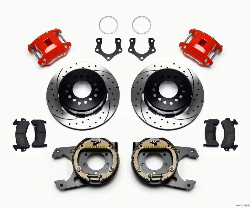 Wilwood D154 Power Steering-Compatible Parking Brake Kit – Red Drilled Rotors, 2.36In Offset, Snap-Ring Bearing Setup For Mopar/Dana Axles 1